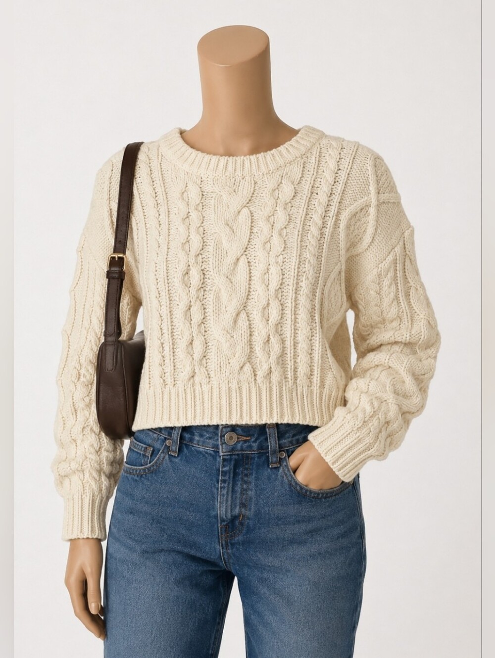 Pink Rose Cream Cable Knit Cropped Sweater M Winter Fall